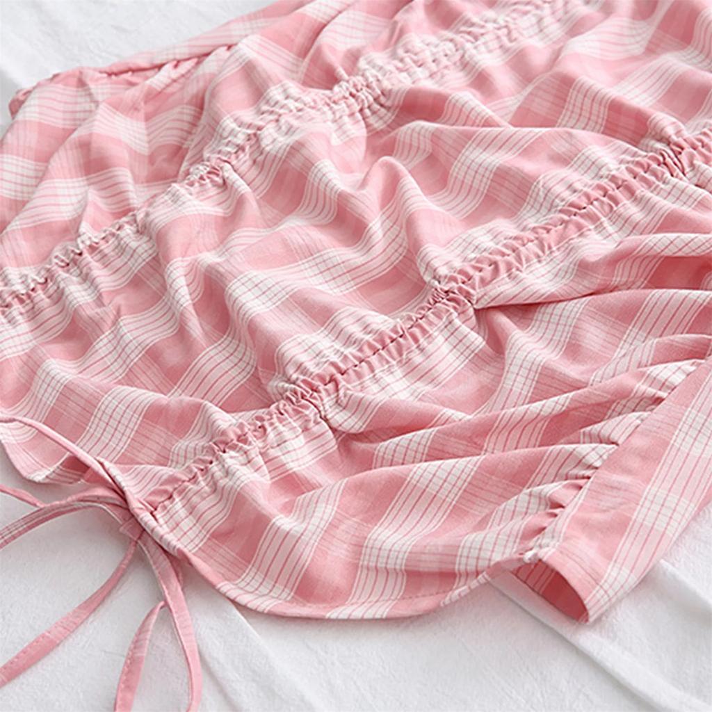 Women Off Shoulder Long Puff Sleeve Plaid Drawstring Bodycon Strapless Dress