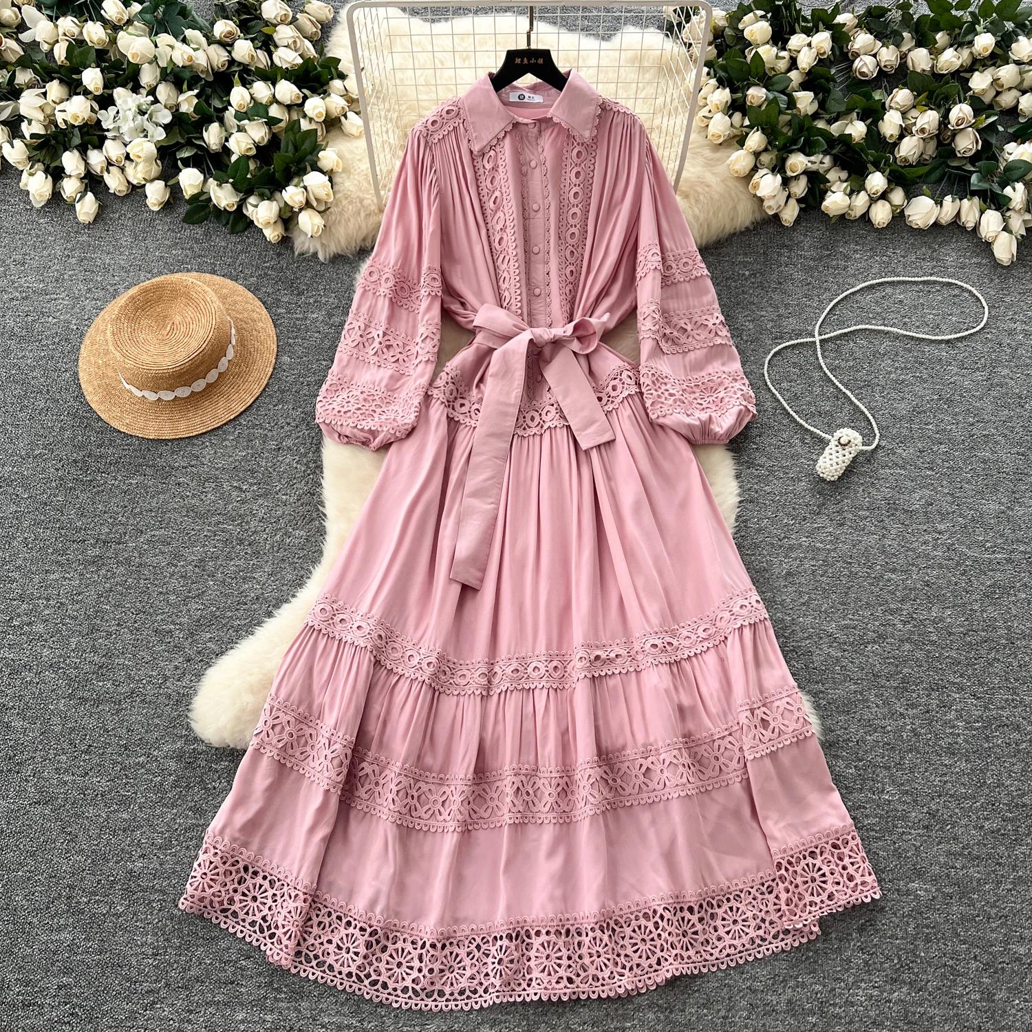 

Винтажный элегантный пуловер с длинными рукавами-фонариками, шикарные платья с кружевной вставкой и бандажной отделкой, французская вечерняя уличная осенняя одежда One Size розовый