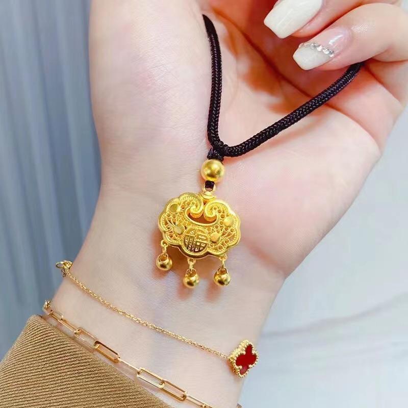Silver Lock Safety Lock Silver Necklace Female Guochao Bell Hollow Long Life Lock Pendant Versatile