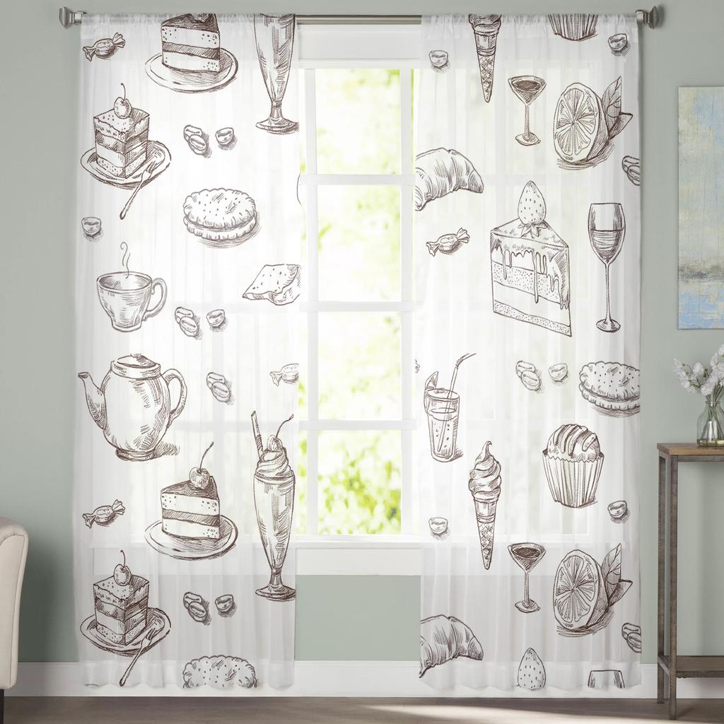 Afternoon Tea Cake Dessert White Sheer Curtain For Living Room Home Kitchen Bedroom Window Decor Chiffon Tulle Voile Curtains