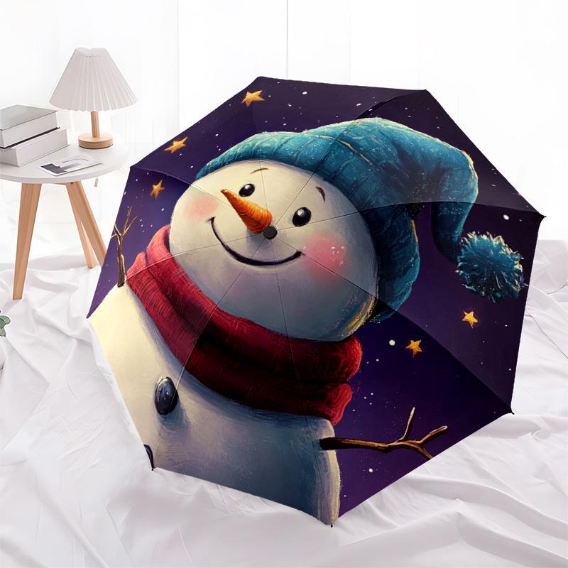1 Stück Automatischer Faltregenschirm - Schneemann Winter Nacht Muster, Tragbares & Faltbares Design mit 8 Speichen, Weihnachts-Geburtstagsgeschenke