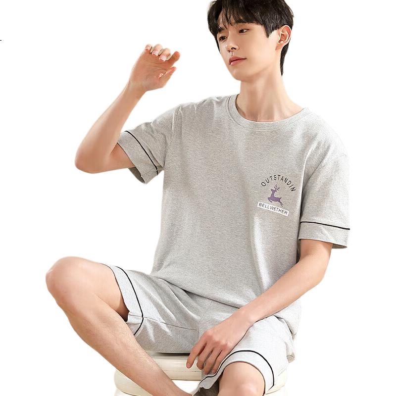 Yiershuang Men's Pajamas, Summer Thin Cotton Pullover Short-Sleeve Shorts, Loose Casual Printed Loungewear Set, Suitable for Outdoor Wear