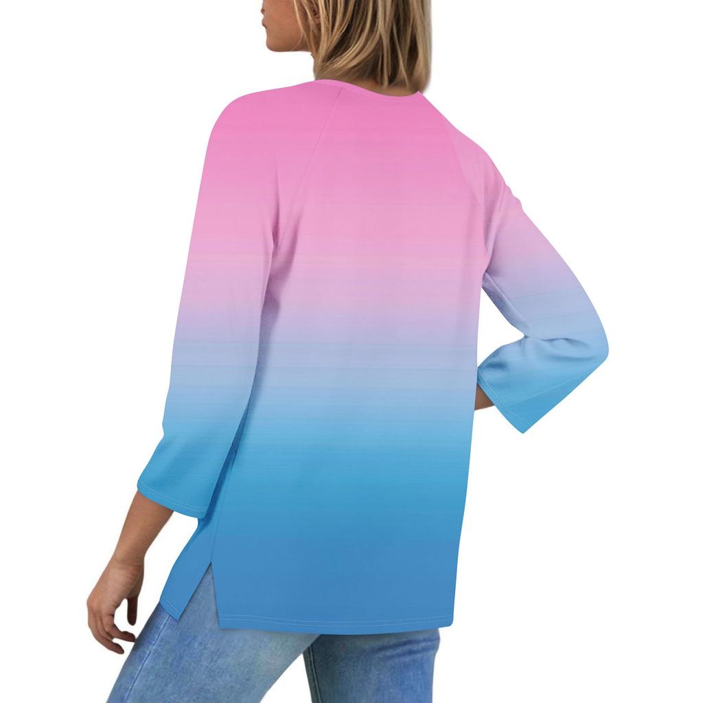 Ladies Casual Fashion V-neck Loose Versatile Gradient Print Three-quarter Sleeves