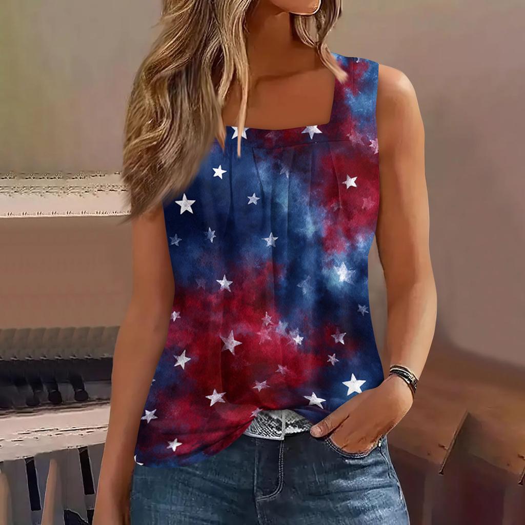 Square Collar Tank Top Women Print Tank Tee Casual Loose Fit Sleeveless Shirt