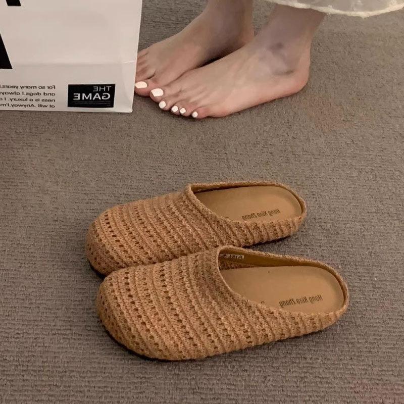 Fashion woven hollow breathable bag head half drag women's outer wear 2025 spring and summer new thick soft bottom cool slippers