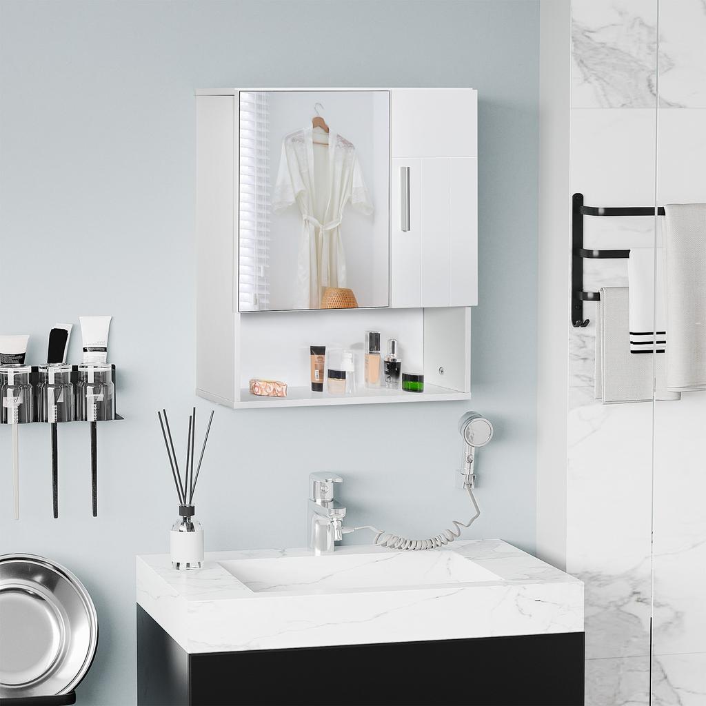 Bathroom Mirror Cabinet, Wall Mounted Storage Cupboard Organizer with Double Doors and Adjustable Shelf, White