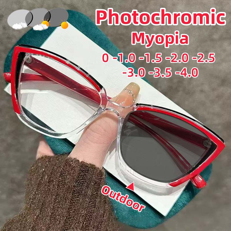 Ultra Light TR Photochromic Myopia Glasses Retro Cat Eye Anti Blue Light Glasses Optical Prescription Eyeglasses 0 TO -4.0