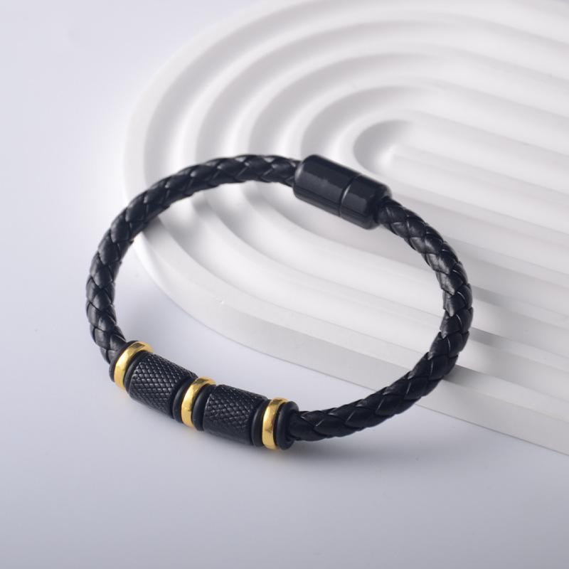Men's Leather Bracelet, Woven Leather Cord with Beads, Simple and Fashionable, Versatile Hand Chain