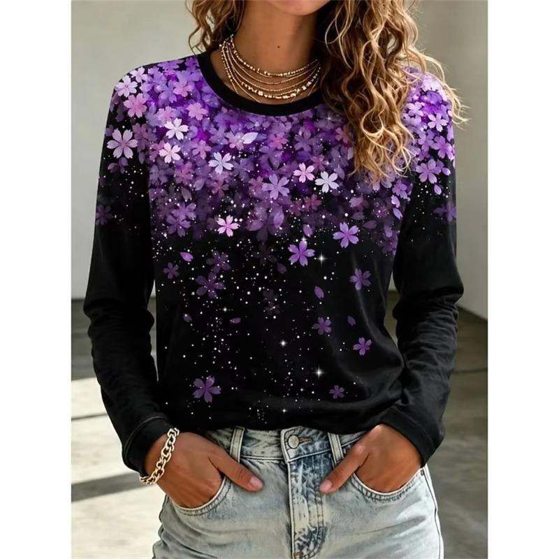 Efterår og Vinter Dame Blomst 3D Printet Rund Hals Langærmet T-shirt