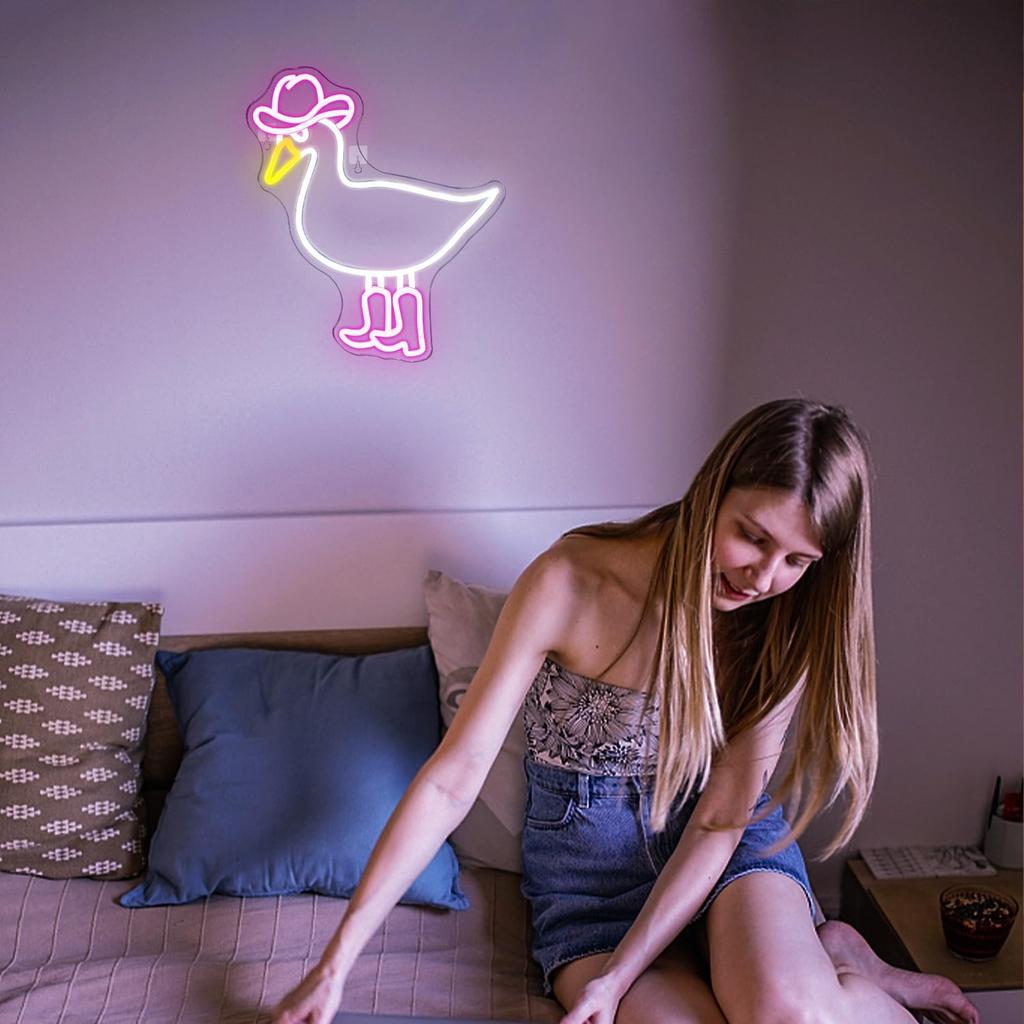 Cowboy Duck Neon Sign,Duck Neon Signs Cowgirl Boots Neon Signs for Wall Decor, USB Connectivity Pink LED Signs for Bedroom Living Room Kids Room Home