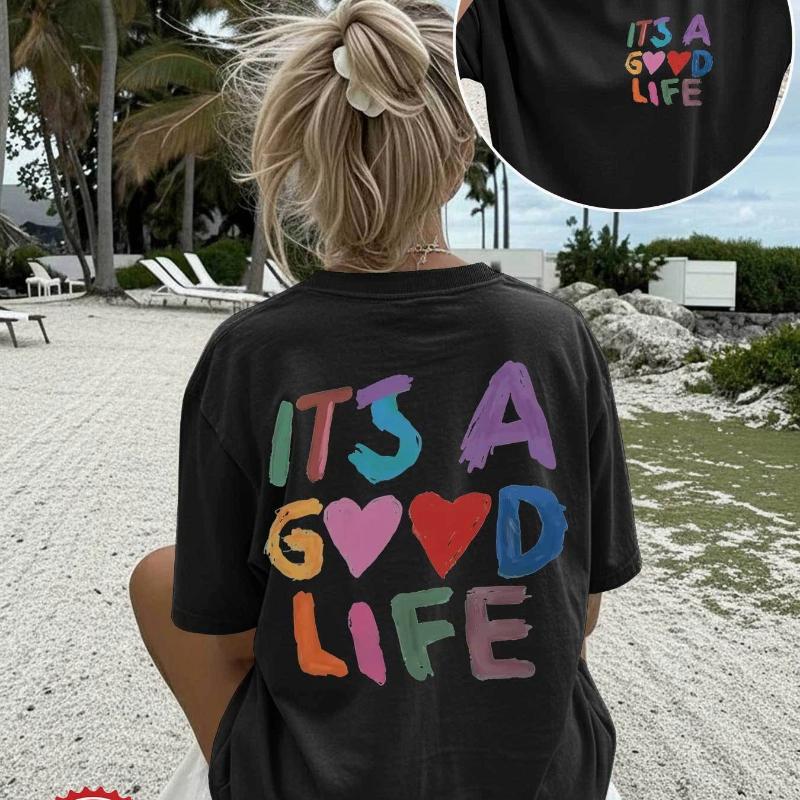 Summer Loose Casual Women'S Top with Double-Sided Print, Hand-Drawn Style Featuring , Round Neck Short-Sleeve Oversized T-Shirt