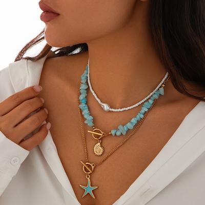 Personalised Simple Starfish Alloy Pendant Necklace Baroque Style Layered Pearl Collar