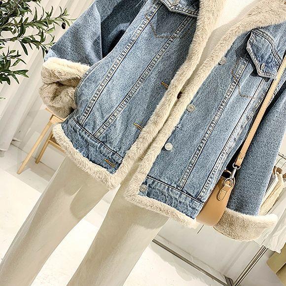 Winter Padded and Thickened Denim Jacket Women's Plus Size Loose Casual Two Sides Wear Jacket