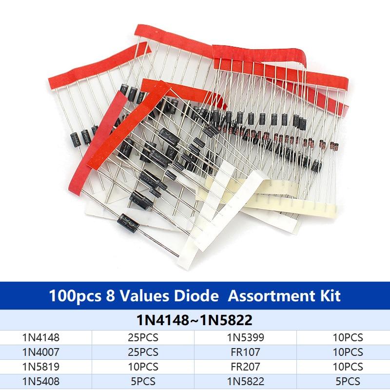 100/200 sztuk dioda prostownicza zestaw diod Schottky'ego 1N4007 1N4148 1N5408 1N5819 1N5822 1N4001 1N4004 1N5404 FR107 FR207 szybkie przełączanie