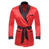 Mens Contrast Smoking Jacket Robe Belt Lapel Long Sleeve Side Pockets Satin Kimono Bathrobe Nightwear Loungewear