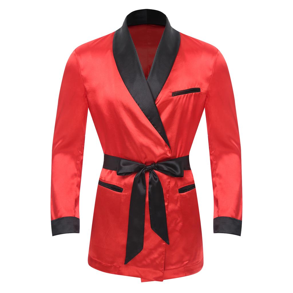 Mens Contrast Smoking Jacket Robe Belt Lapel Long Sleeve Side Pockets Satin Kimono Bathrobe Nightwear Loungewear