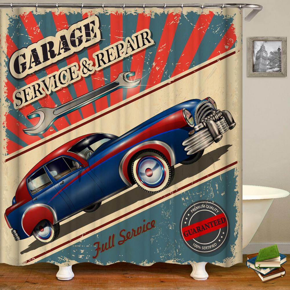 GoDazzling Retro-Duschvorhang „Autowerkstatt“ – 140x183 Cm, Aus Polyester, Mit 12 Haken, Perfekt Für Badezimmer-Deko