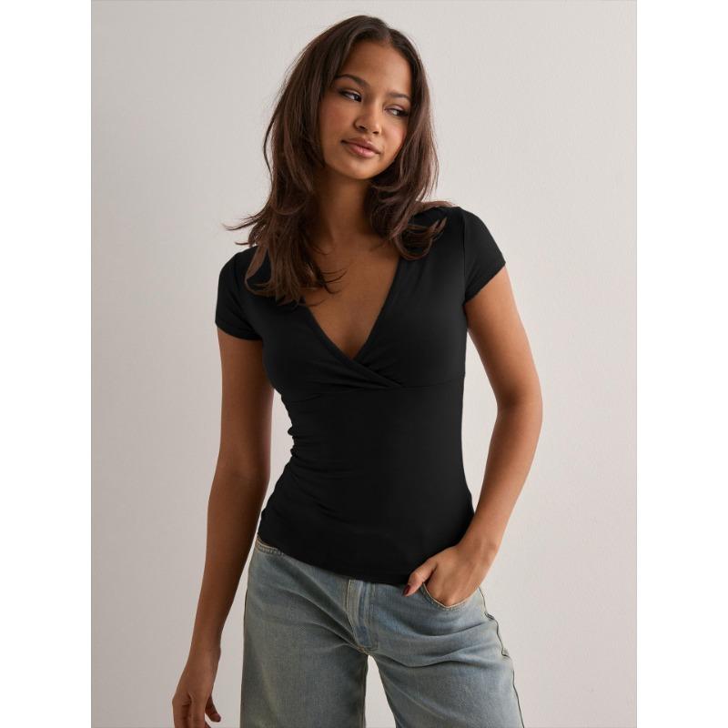 Spring Summer Slim Temperament Fashion Spice Deep V-neck T-shirt Women