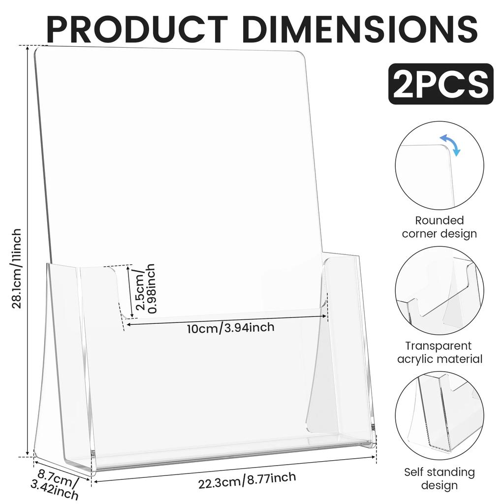 2Pcs Acrylic Brochure Holder Offices Clear Pamphlet Display Stand Stable Multipurpose Desk Leaflet Holder for Photo Paper Menu
