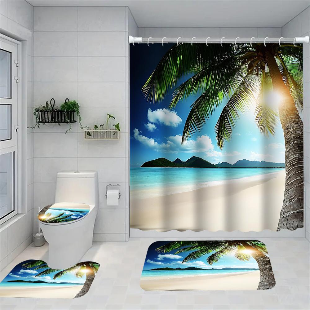 1/4 Seaside scenery shower Curtains, Toilet Seat Decoration, Shower Curtain with Carpet and Toilet Lid, 12 70.8x70.8 inch Hooks
