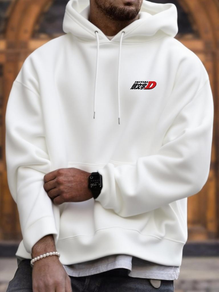 Drift‑auto Men Hoodie Front Plain Chest Area, Back Retro JDM Racing Car With Bold Letter Graphic Pullover For Trendy Daily Street Outfits