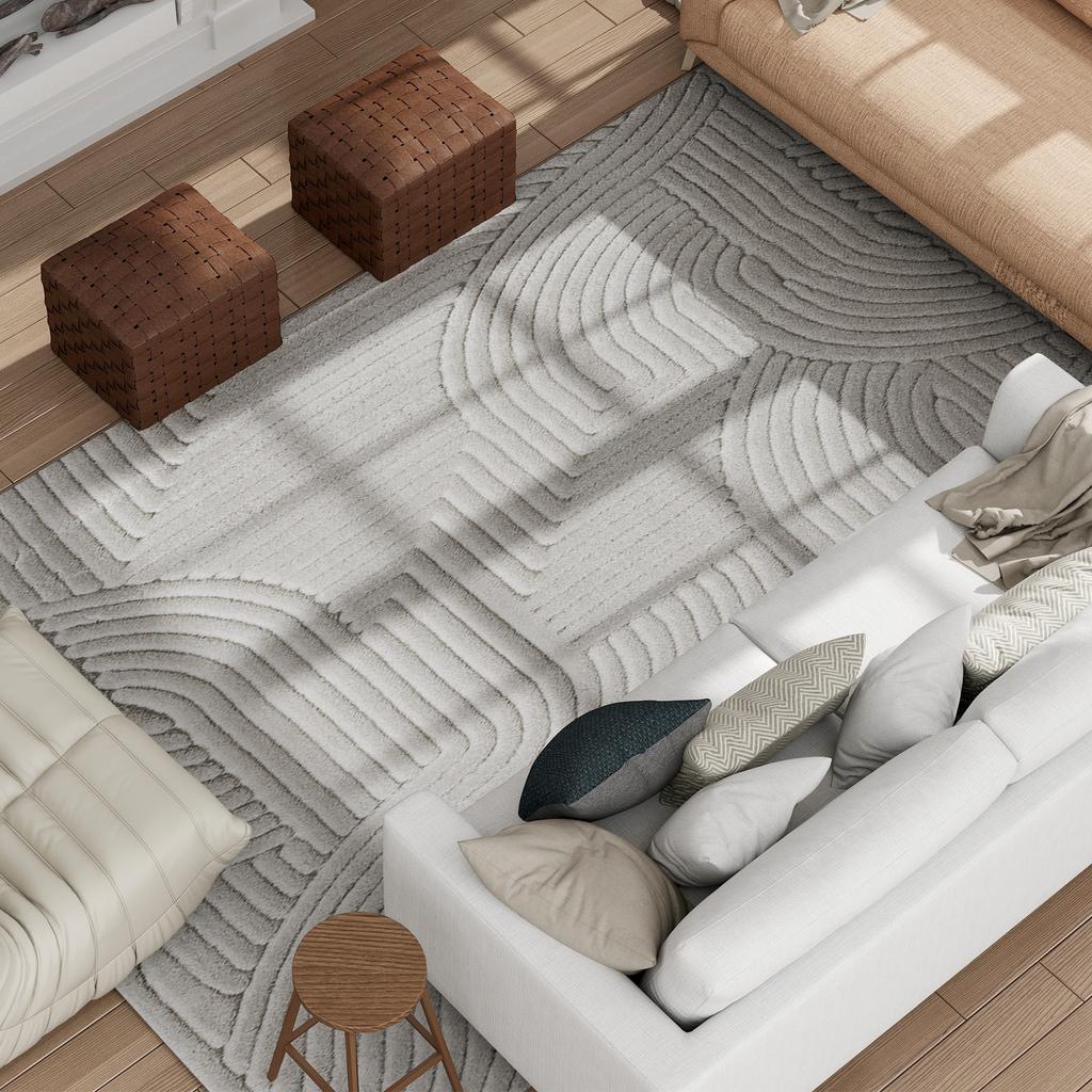 Living Room Rug, Thick Pile Geometric, Non-Slip, 160 x 120 cm, Grey
