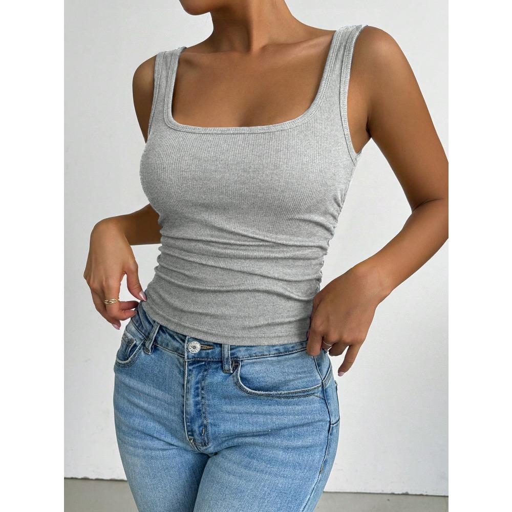 Women Square Neck Ribbed Tank Top, Stretch Slim Sleeveless Base Layer, Breathable Daily Commute Vest S серый
