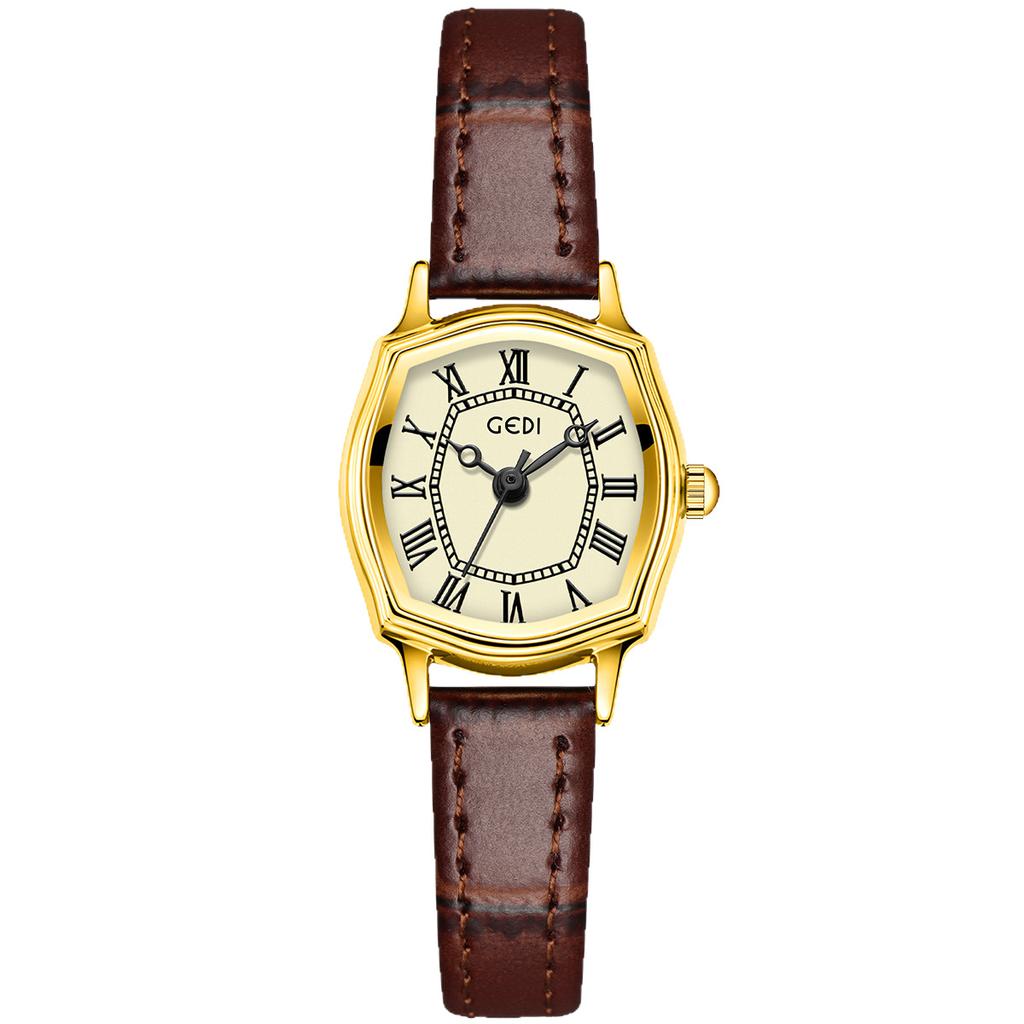 Vintage Roman Exquisite Small Wine Barrel Shape Student Watch Niche High Value Bamboo Pattern Leather Quartz Watch