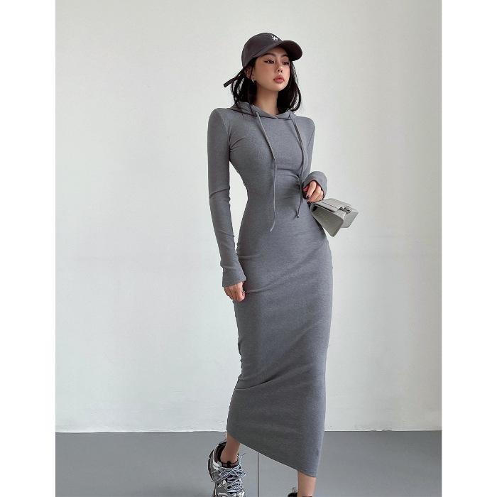 

Модное платье-свитер с капюшоном и длинным рукавом для женщин - Длины до колена, облегающего бедра стиля для осени и зимы Extra Large светло-серый