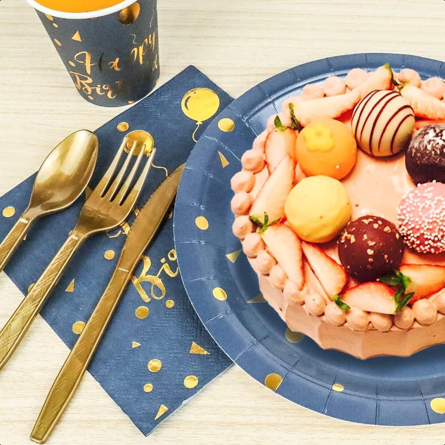 175 Pieces Gold Disposable Party Dinnerware Set andDisposable Birthday Party Dinnerware Paper Plates Napkins Cups Gold Plastic