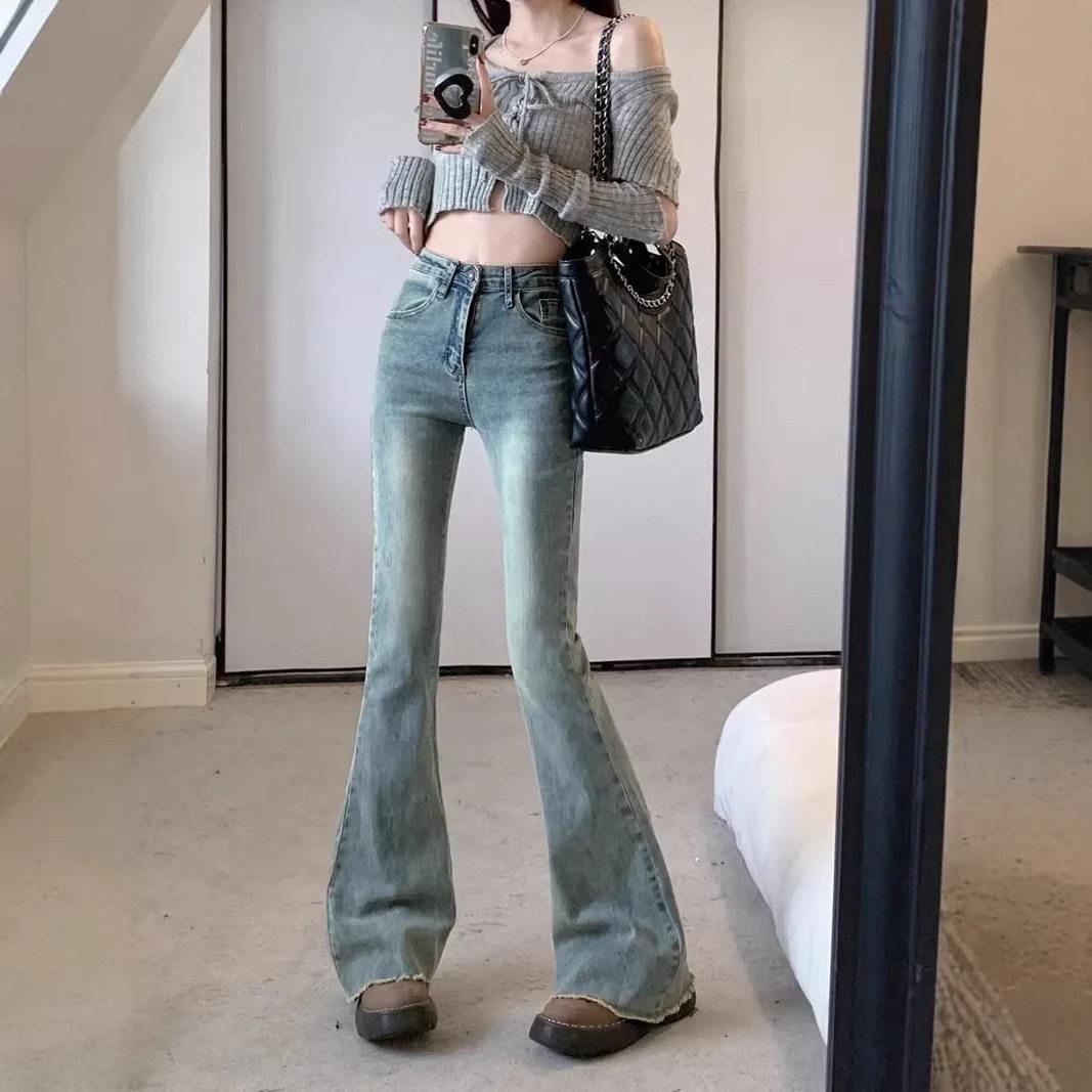 

Women s High Waist Retro Flare Jeans - Spring Slim Fit Stretch with Raw Hem 2XL