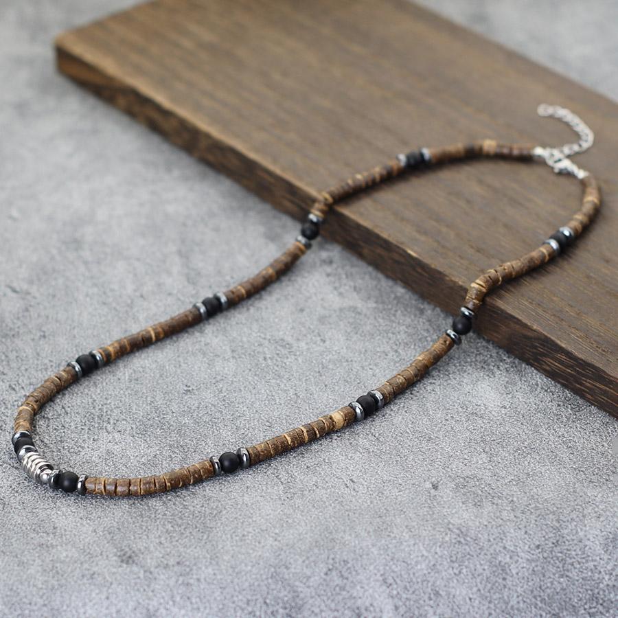 Personalized Men Natural Coconut Husk Necklace 20 Inches Stainless Steel Buckle Neck Accessories Gift For Him Wood Collar Homme