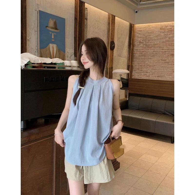 women round neck pleated sleeveless top casual loose fit solid color halter tank blouse M синий