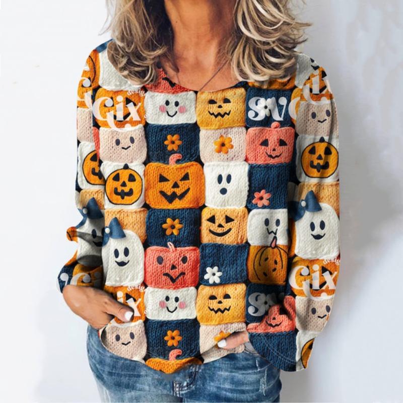 3d Printed Women's T-Shirt Christmas And Halloween Costume Round Neck Long Sleeved Spring/Autumn Casual Party Top Cute Cartoon