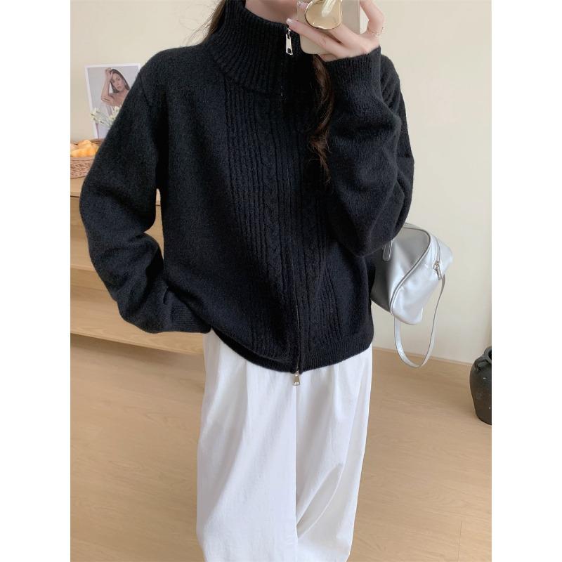 Autumn and winter new simple stand-up collar twist double zipper knitted cardigan women's loose lazy sweater jacket