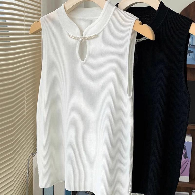 Tank Tops Women 2025 Summer Sleeveless Stand Collar Black White Knitted Tank Tops Camis Women Tops JJ195