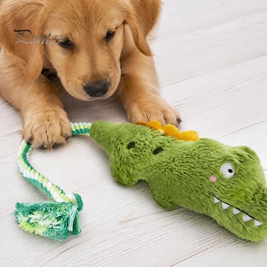 Textured Cotton Rope for Plaque Removal Plush Crocodile Dog Toy, Squeaky Stuffed Chew Interactive Tug Puppy Soothing Gum Teething Tool of War
