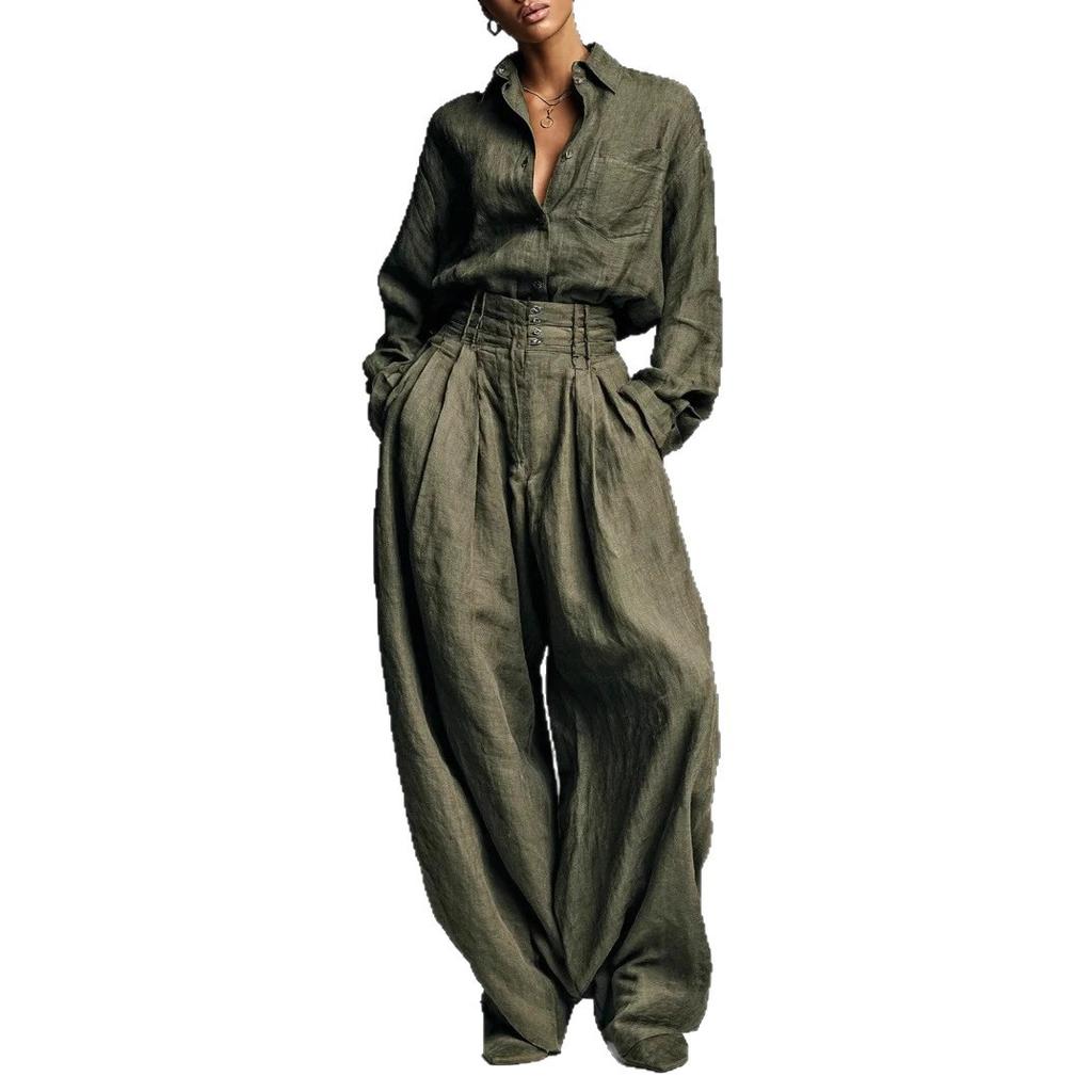 Women's Olive Green Long Sleeve Wide Leg 2 Pcs Set