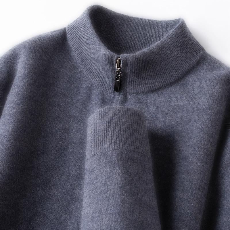 Winter 2025 Men's Warm Wool Sweater, Half-High Collar, Zipper, Solid Color, Thick Knit Base Layer