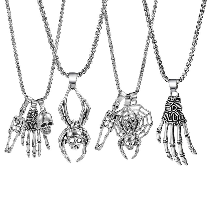 Halloweens Gothic Spiders Skull Pendant Necklace Adjustable Chain Sturdy Alloy Jewelry for Costume Parties