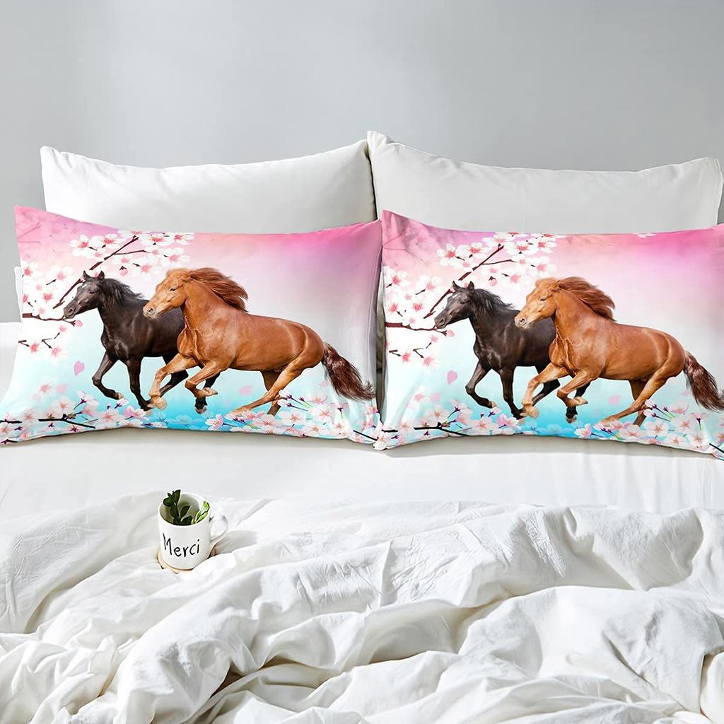 Pentium Horse Duvet Cover Pink Cherry Blossom Wildlife Bedding Series Three-Piece Set