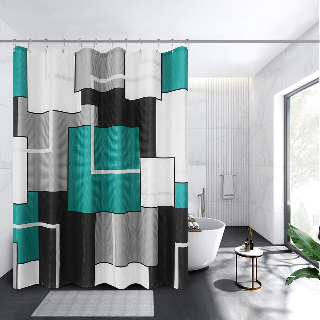 Modern Geometric Shower Curtain Blue Waterproof Polyester Bathroom Shower Curtain Texture Bathroom Curtain Set With Hook Machine Washable
