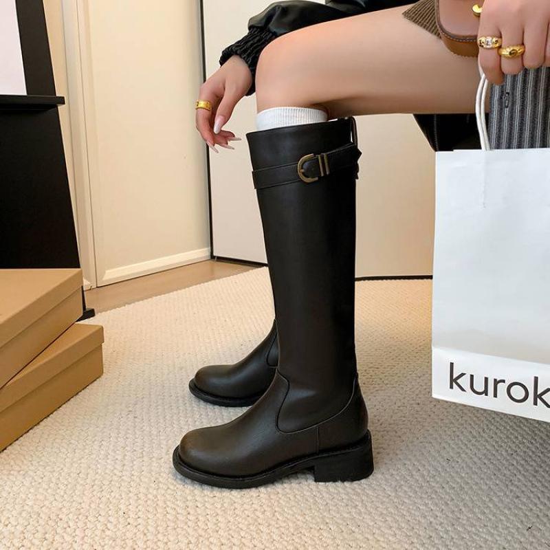 Autumn and winter leather tall boots solid color side zipper middle heel large size women's boots thick-soled non-slip versatile cowhide Martin boots