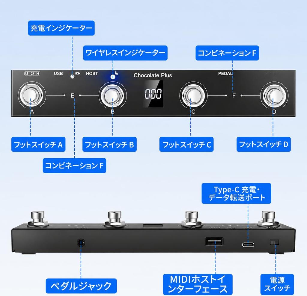 MIDI Footswitch MIDI Controller USB Connection Bluetooth Connection Built-in Rechargeable Battery Guitar Effects Pedal/Amplifier/DAW Control Compact L