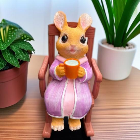 Rocking Chair Rabbit Figurine Holding Cup Cartoon Sitting Bunny Resin Statue Animal Sculpture Indoor Outdoor