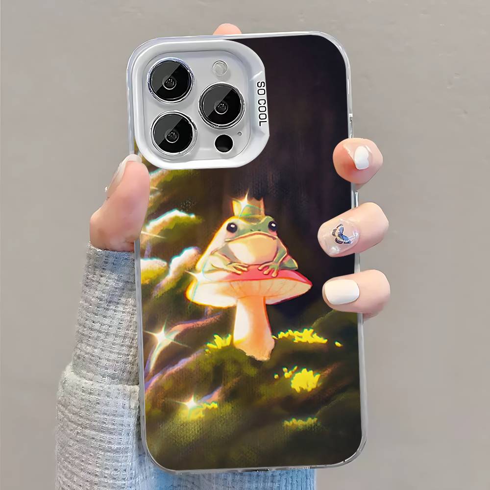 Mint Green The Frog Mushroom Phone Case For iPhone 16,15,14,13,12,11,Pro,XS,Max,Plus,Mini,SE White Candy Matte Shockproof Cover