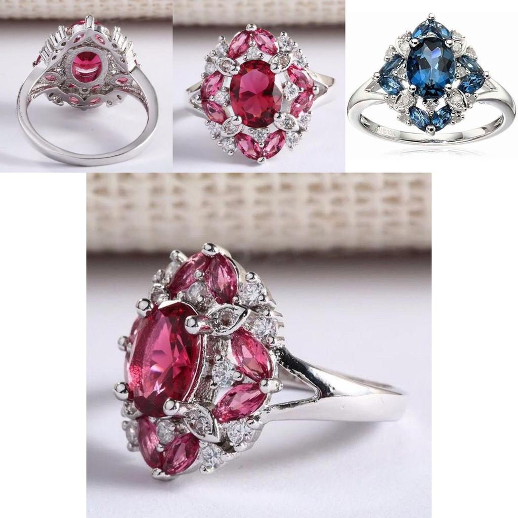 Magnificent Silver Plated Rings With Oval Cut Natural Blue Sapphire And Rhinestones