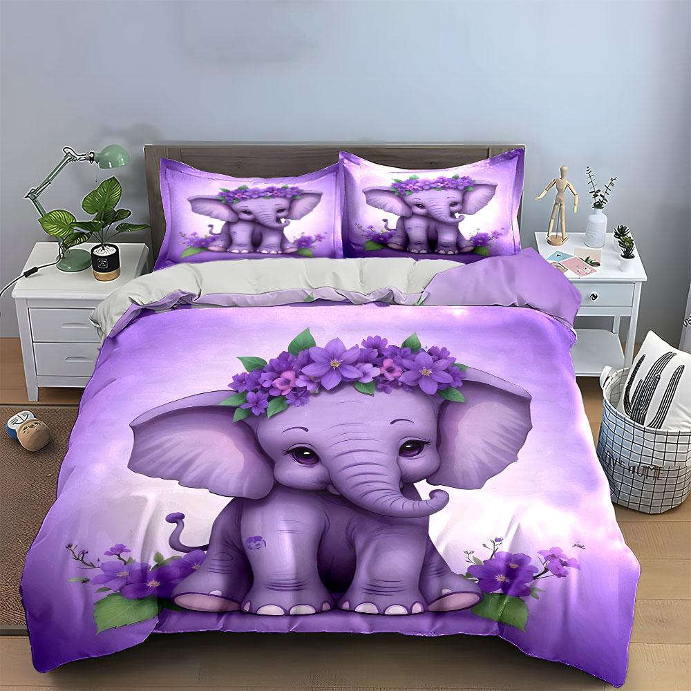 Adorable Purple Elephant Decor Set Kid's and Adults' Bedroom Decor, Exquisite Three-piece Bedding Set Gift