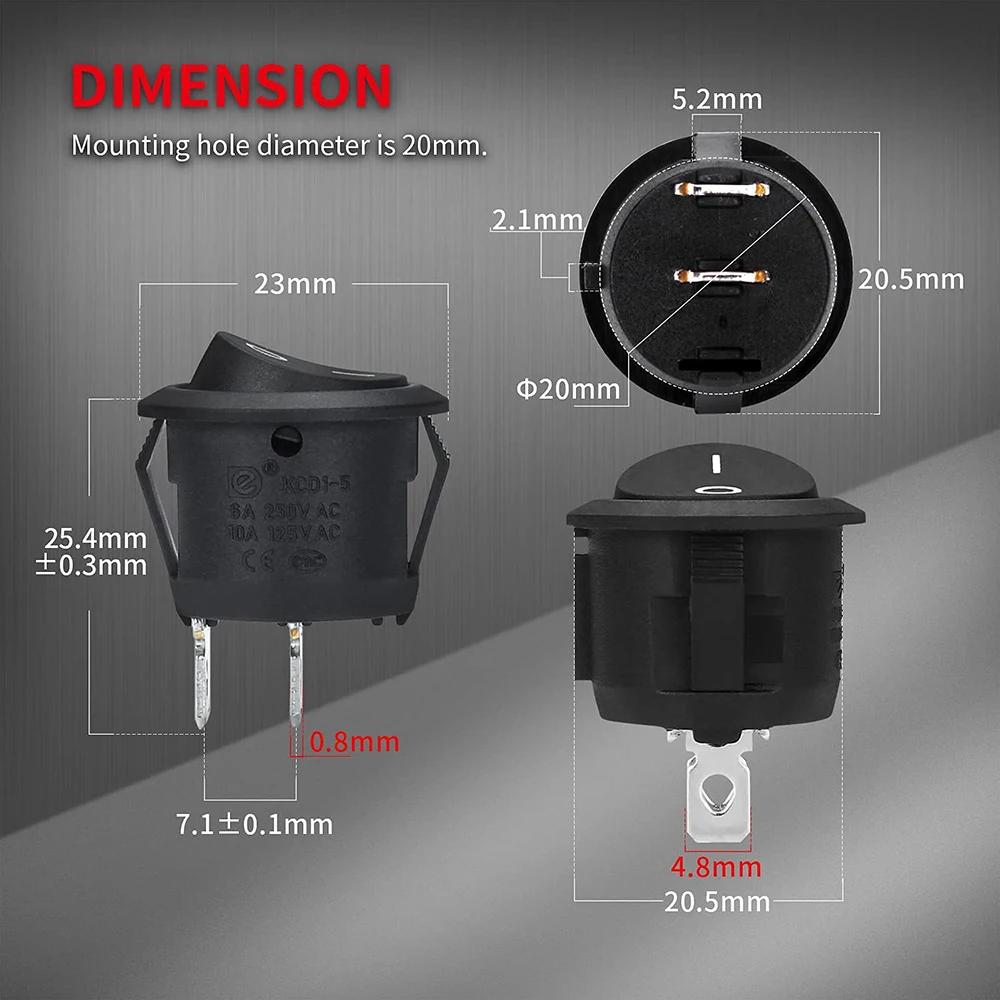 5pcs-20pcs Rocker Switch Black On Off 2 Pin Mini Round Toggle Switch 6A 250V 10A 125V 20MM Circle Switches for RV Car Truck Boat