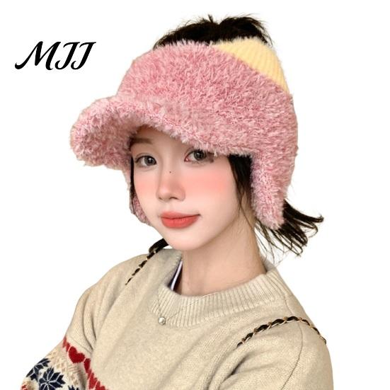 Thoughtful Gift for Besties Winter Visor Cap with Ear Flaps, Plush Beanies Brim, Open Top, Outdoor Sports Headwear Cute Cat Ears Warm Ponytail